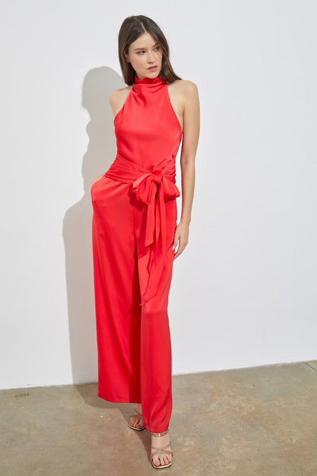 Fiesta Red High Neck Front Tie Jumpsuit