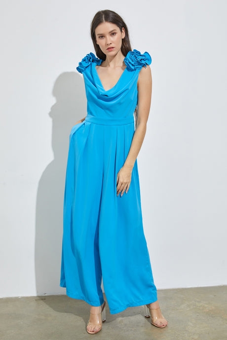 River Blue Ruffle Drape Neck Jumpsuit