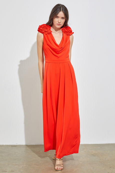 Orange Red Ruffle Drape Neck Jumpsuit
