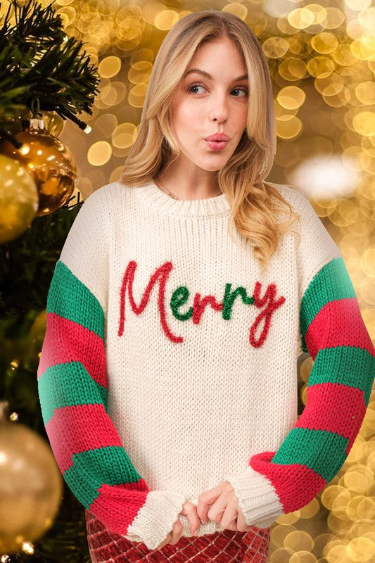Ivory Merry Letter Stripe Trim Oversize Sweater