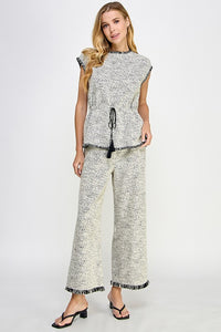 White/Black Fringe Detail Crop Pants