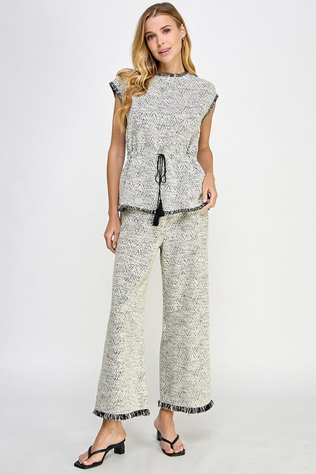 White/Black Fringe Detail Crop Pants