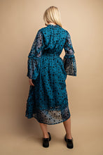 Teal Floral Burnout Belted Midi Dress