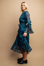 Teal Floral Burnout Belted Midi Dress