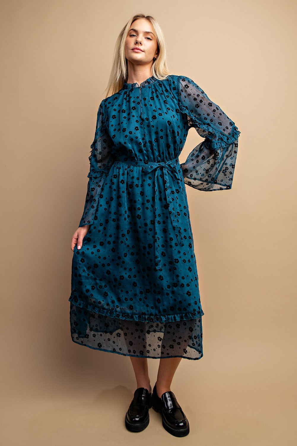 Teal Floral Burnout Belted Midi Dress