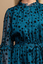 Teal Floral Burnout Belted Midi Dress