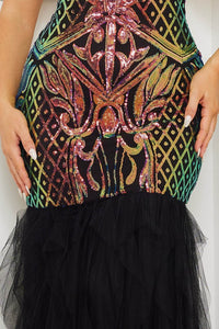 Black/Iridescent Baroque Print Contrast Bottom Maxi Dress