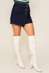 Dark Denim High Waisted Knit Denim Skort With Pockets