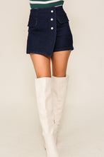 Dark Denim High Waisted Knit Denim Skort With Pockets