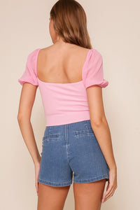 Medium Denim High Waisted Knit Denim Skort With Pockets
