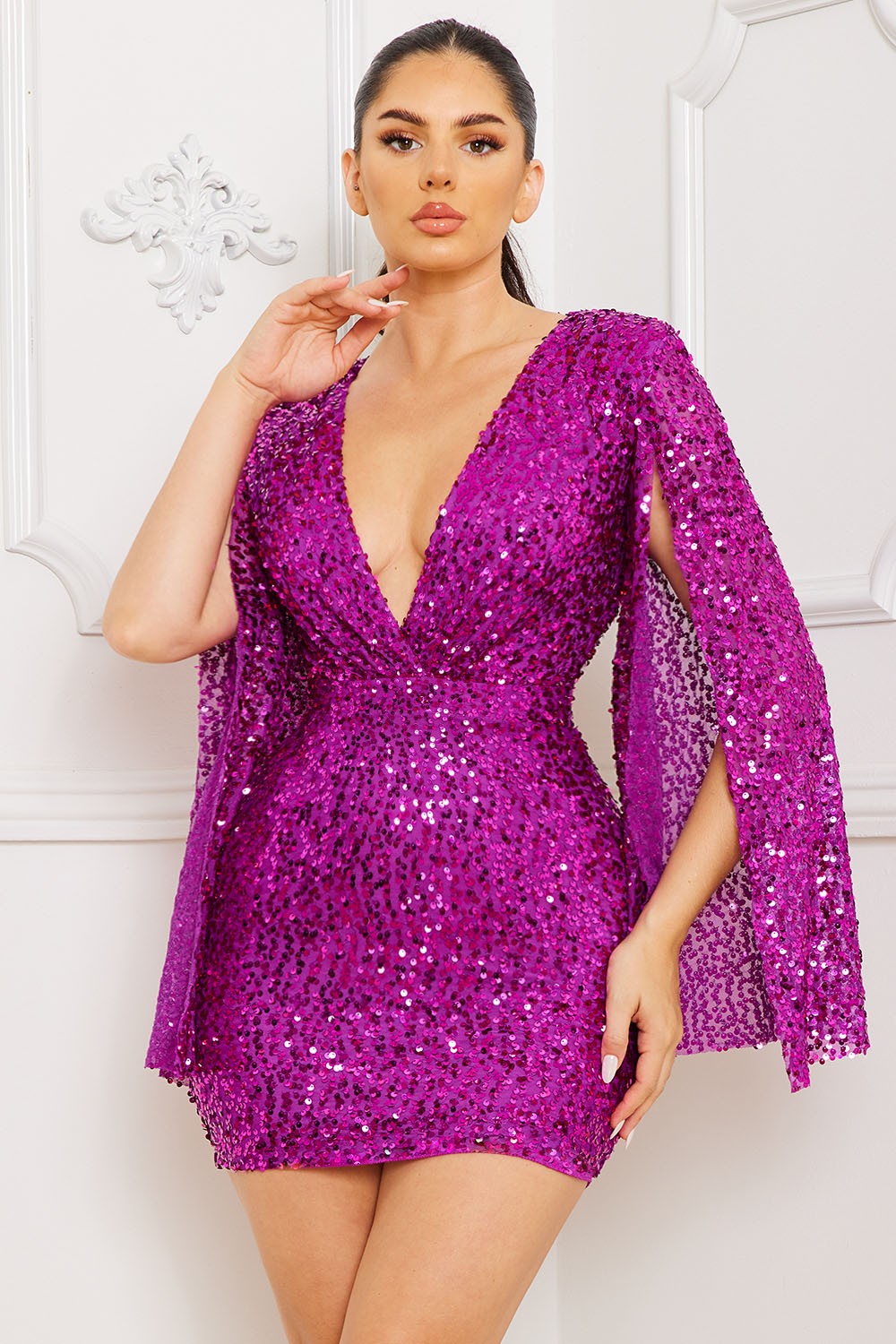Magenta Sequin Bell Sleeve Mini Dress