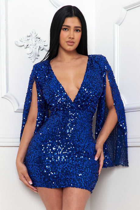 Royal Sequin Bell Sleeve Mini Dress