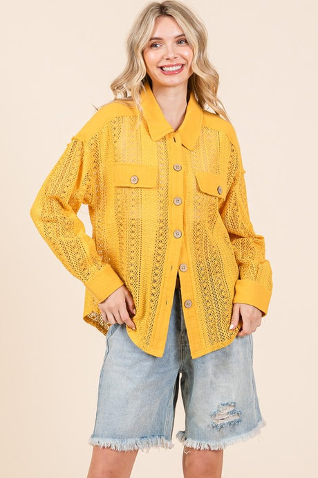 Dark Yellow Lace Long-Sleeve Button-Down Shirt