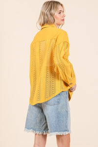 Dark Yellow Lace Long-Sleeve Button-Down Shirt