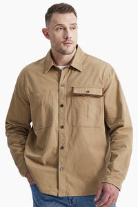 Khaki Mens Long Sleeve Solid Wash Shirts