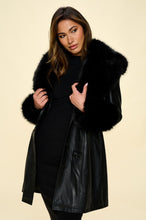 Black Faux Leather Coat Belted and Removable Faux Fur