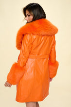 Orange Faux Leather Coat Belted and Removable Faux Fur