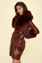 Coffee Faux Leather Coat Belted and Removable Faux Fur