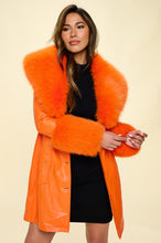 Orange Faux Leather Coat Belted and Removable Faux Fur