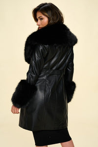 Black Faux Leather Coat Belted and Removable Faux Fur