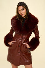 Coffee Faux Leather Coat Belted and Removable Faux Fur