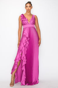Mulberry Satin Pleated Maxi Dress With Slit