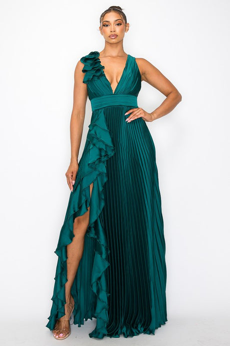 Dark Green Satin Pleated Maxi Dress With Slit