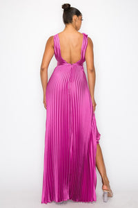 Mulberry Satin Pleated Maxi Dress With Slit
