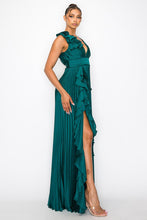 Dark Green Satin Pleated Maxi Dress With Slit