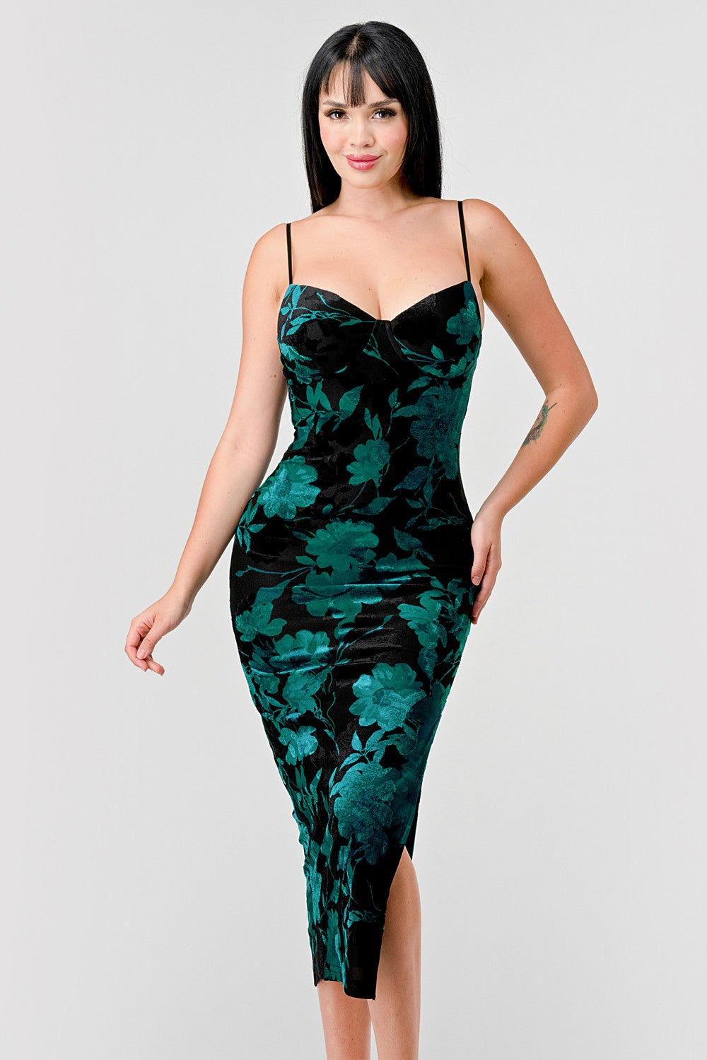 Black Teal Luxe Floral Velvet Burnout Print Slit Midi Dress – Aquarius Brand