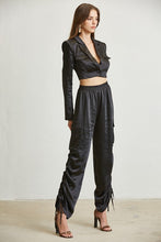 Black Satin Blazer Cargo Pant Set
