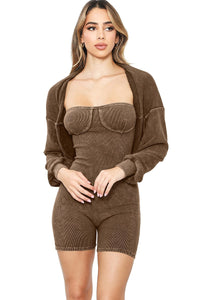 Dk Brown Mineral Washed Stretch Cotton Ribbed Corset Tube Romper