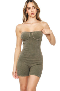 Olive Mineral Washed Stretch Cotton Ribbed Corset Tube Romper
