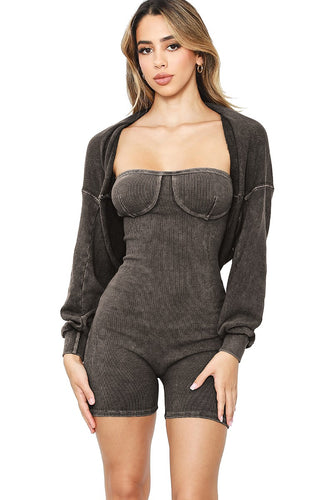 Black Mineral Washed Stretch Cotton Ribbed Corset Tube Romper