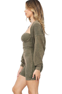 Olive Mineral Washed Stretch Cotton Ribbed Corset Tube Romper
