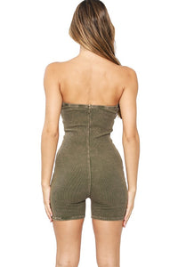 Olive Mineral Washed Stretch Cotton Ribbed Corset Tube Romper