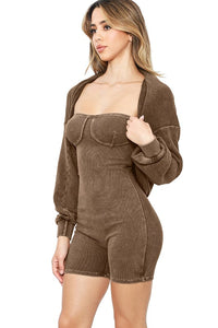 Dk Brown Mineral Washed Stretch Cotton Ribbed Corset Tube Romper