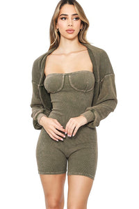 Olive Mineral Washed Stretch Cotton Ribbed Corset Tube Romper