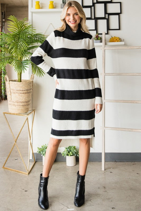 Black/White Wide Striped Turtleneck Sweater Dress – Aquarius Brand Black/White Wide Striped Turtleneck Sweater Dress – Aquarius Brand