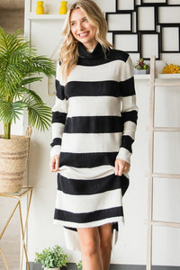 Black/White Wide Striped Turtleneck Sweater Dress