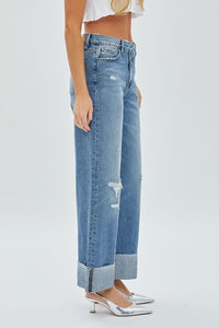 Medium Wash Crossover Waistband Cuffed Dad Jean