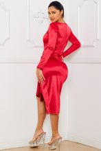 Red Satin Square Neck Ruched Midi Dress