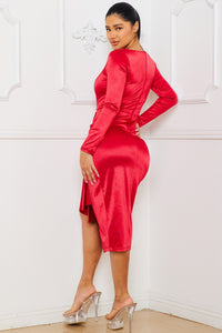 Red Satin Square Neck Ruched Midi Dress