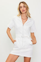 White Woven Twill Short Sleeve Zip Up Dress