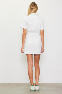 White Woven Twill Short Sleeve Zip Up Dress