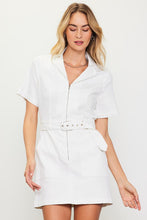 White Woven Twill Short Sleeve Zip Up Dress