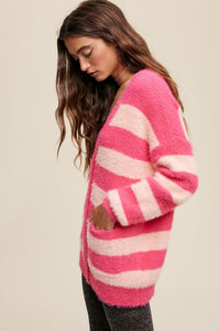 Pink Multi Striped Button Down Fuzzy Knit Cardigan