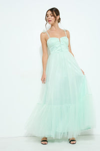Light Green Bow Tie Strap Lace-up Back Tulle Maxi Dress