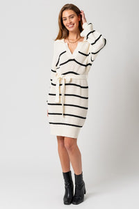 White-Black Stripe Long Sleeve Stripe Sweater Dress