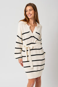 White-Black Stripe Long Sleeve Stripe Sweater Dress